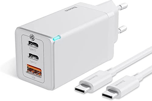 Caricatore USB Baseus 65 W Multiplo con cavo di ricarica rapida 100 W, caricatore rapido di alimentazione USB C con GaN, adattatore PPS per Mac, iPhone, Galaxy (bianco)