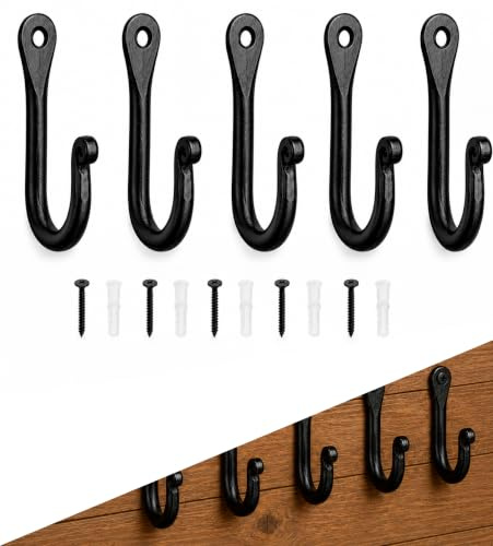 Dekorative Wandmontage Basic Haken Schmiedeeisen Haken für Küche und Bad Rustikal Handmade Antik Bauernhaus Dekorative Haken zum Aufhängen von Bademantel, Handtüchern, Taschen und Tüchern,5er Set