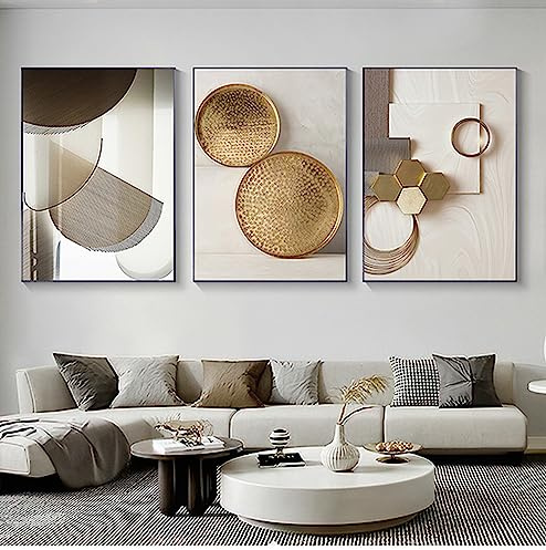 Wandbild Beige Gold Schwarz 3 Teilig Modern Bild auf Vlies Leinwand Schlafzimmer Flur Wohnzimmer Moderne Abstraktes Beige Geometrisches Marmor Bild auf Leinwand, Ungerahmt (Geometrie A,60x90cm)