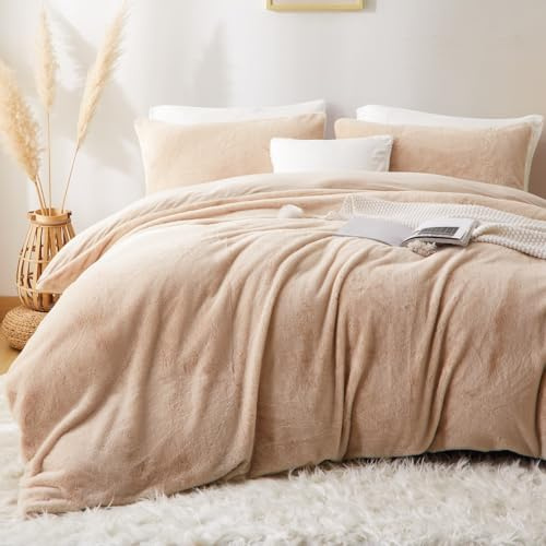 Winter Plüsch Bettwäsche 135x200 Beige Warme Flauschig Flanell Kunstfell | ÖKO-TEX,Uni,Winterbettwäsche Allergiker,Teddy Cashmere Touch Biber Bettbezug 1 Kissenbezüge 80x80 mit Reißverschluss