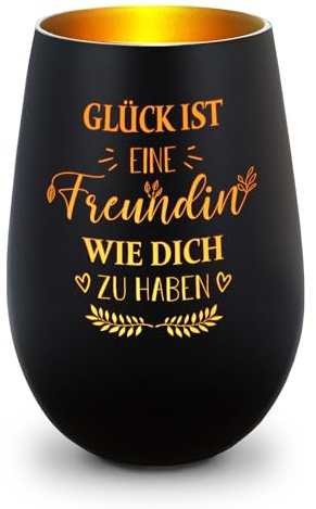 GRAVURZEILE Deko Windlicht mit Gravur - Glück ist eine Freundin wie Dich zu haben - Schönes Geschenk für die Beste Freundin der Welt - für Freundinnen, Schwestern und Kolleginnen - Schwarz/Gold