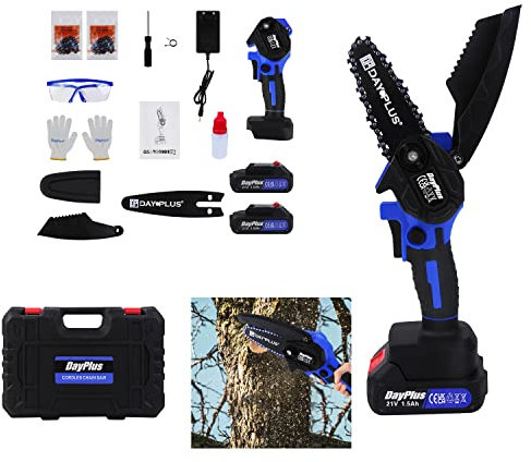Mini Motosierra portátil 4 Pulgadas Brushless Motosierra bateria 21V con 2 baterías y 2 cadenas, Motosierra Bateria Eléctrica para Corte de Madera, Poda de Ramas, 2200RPM Motosierra Inalámbrica