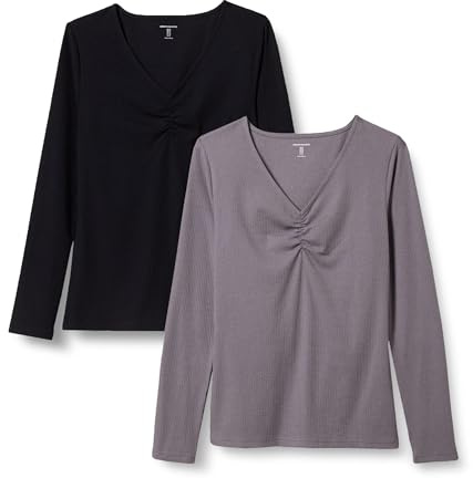 Amazon Essentials Women's Cinched V-Neck Long-Sleeved, Slim-fit, Rib-Knit T-Shirt, Pack of 2
