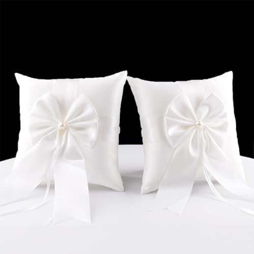 ATAILOVE 2 Wedding Ring Pillow, Fairy Pearl Ivory Ring Bearer Cushion for Wedding Party 7.8'' x 7.8''