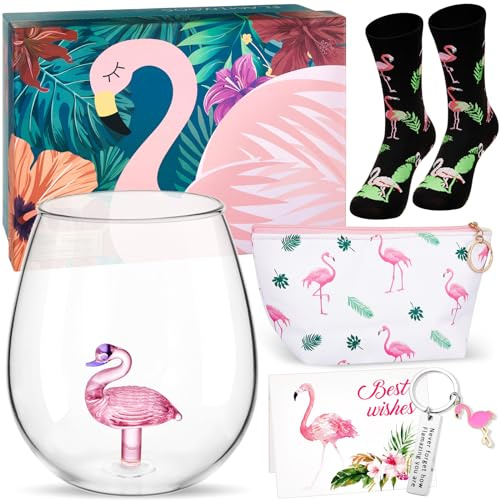 Nuenen 6 Stück Flamingo Geschenkset für Frauen - Gin Cocktail Glas ohne Stiel mit Flamingo im Inneren, Kosmetiktasche, Socken, Schlüsselanhänger & Grußkarte mit Geschenkbox für Damen