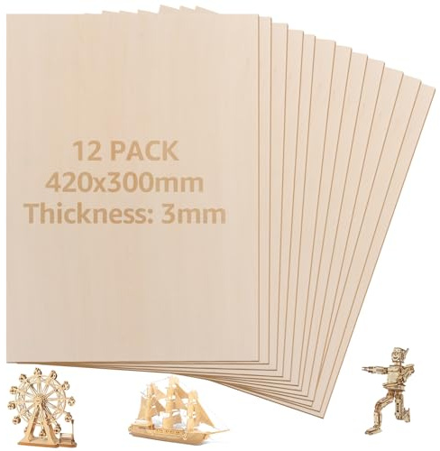DAJAVE 12 hojas de madera contrachapada A3, 420 x 300 x 3 mm, hojas de madera contrachapada sin acabar, hojas de madera de tilo finas para manualidades, pintura, modelismo, grabado de madera
