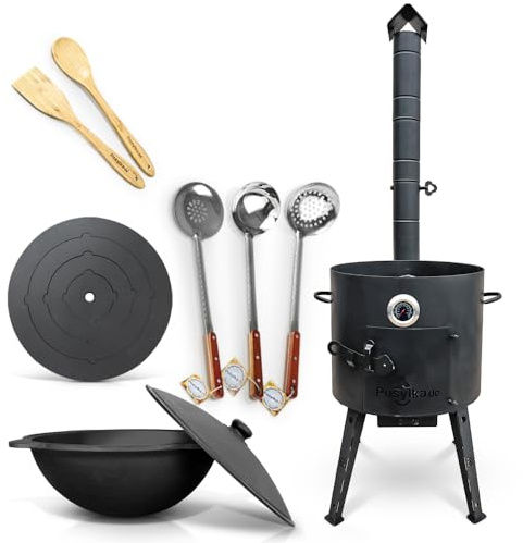 Utschak Uchag Feuerofen Ø 40 cm 2 mm Stahl Herdplatte 4mm Kazan 12 L runder Boden mit Thermometer Schaumlöffel für Plov Schöpfkelle Spachtel aus Holz Holzlöffel Учак Учаг Uchag Asia (Set 510)
