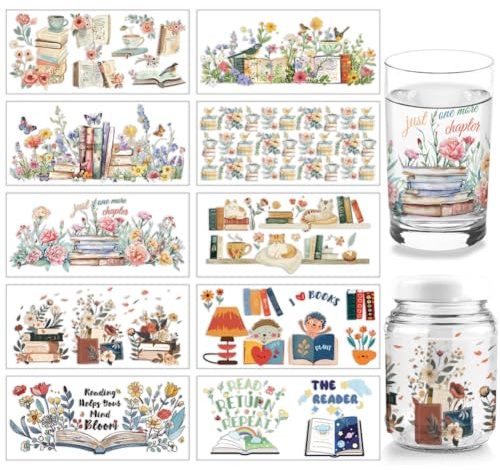 arricraft 10 Blatt Buchserie UV DTF Cup Wrap Für 16OZ Glas Abziehbilder Zum Aufreiben von Tischlampen Mit Katzenmotiv Blumen Und Blättern PVC Transferaufkleber Für DIY Becher
