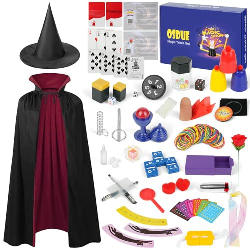 OSDUE Giochi di Magia, 24 Trucchi Magici, Principianti Magico Bacchetta, Magic Tricks Kit con Mantello e Cappello Magico, telepatia, Rosa della Torcia