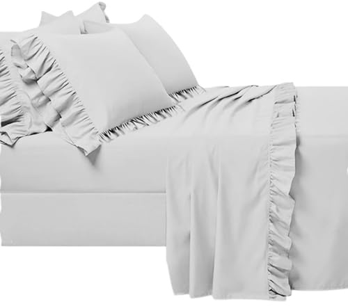 SalGiu Completo Letto Con Rouche Puro Cotone Matrimoniale Tinta Unita Volant (Bianco, Matrimoniale)