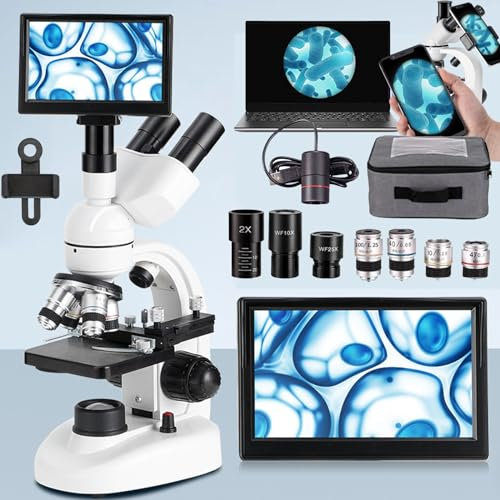 Microscopio Trinoculare, Microscopio Ottico da Laboratorio 40x-5000x, Microscopio Didattico per Studenti, Oculare Elettronico Collegato al Computer, può Essere Abbinato allo Schermo da 7,White