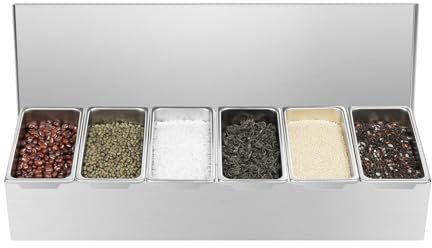 QUIOTUIR Conservazione spezie barattoli portaoggetti da cucina, scatola spezie, cucina, dispenser di condimenti in acciaio inossidabile, a 6 scomparti, per contenere vari condimenti liquidi o solidi