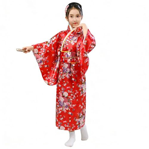 Giapponese Bambina Kimono Tradizionale Yukata Geisha Abiti Kimono per Bambine Ragazze Accappatoio Vestito da Festa Fiori Stampa Vestiti in Raso Bambina Vestito da Performance