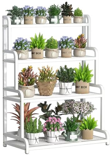 Support pour plantes, étagère échelle en métal à 3/4 niveaux, installation gratuite, étagères d'intérieur pour plantes de jardin, support de fleurs blanc, support d'angle de jardin(50x50x140cm à 4 niv