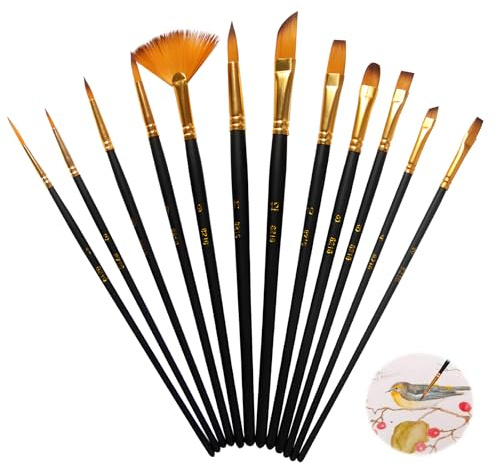 12 Pezzi Pennelli per Dipingere, Pennello Dell'artista Set Pennelli Pittura in Nylon Art Pennello Fine Pitturas di Acrilico Acquerello e Pittura ad Olio per Principianti