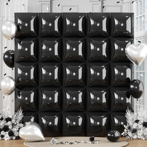 Black Square Foil Balloons Wall, 25PCS Double Sided Metallic Chrome Black Foil Square Balloon Backdrop Tunnel Arch Kit Background Decor for Birthdays Graduation New Year Racing Theme Halloween Wedding