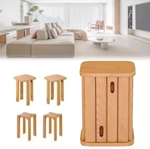 Stackable Stools Set of 4, Multifunctional Combination 4-in-1 Solid Wood Stool, Stacking Tables for Living Room Bedroom Kitchen and Balcony(Yellow)