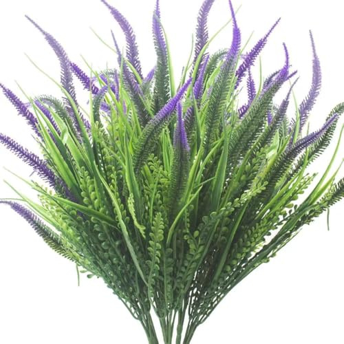 SUXUMHAO Plantas artificiales para exteriores, resistentes a los rayos UV, arbustos de plástico sintético para interiores y exteriores, decoración del hogar, 8 unidades, morado claro