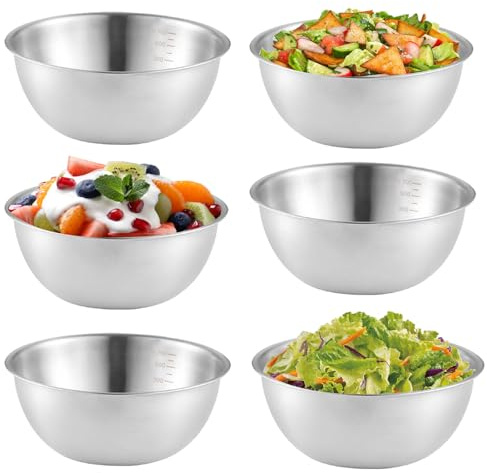 CAAGGMM Edelstahl Schüssel, 6 Stück 700 ml Stapelbar Metall Schüssel Set, 17 cm Rührschüssel Salatschüssel, Küchenschüssel Edelstahlschüsseln mit Messmarken, für Salate, Obst, Desserts