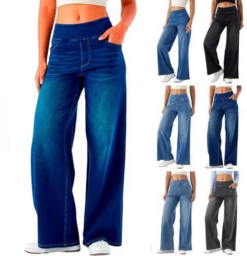 Jeans palazzo à jambe large pour femmes UK, pantalons amples à jambes droites élastiques à enfiler avec poches, pantalons de jogging palazzo en denim extensible à taille haute pour dames, vêtements de