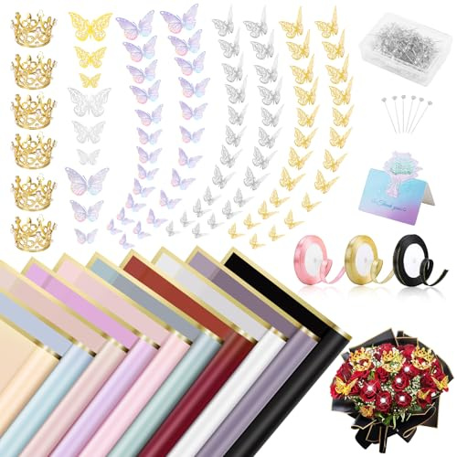 Kedemas 401 bit blompappersset, 100 ark presentpapper, 3 rullar med band, 20 gratulationskort, 200 blomnålar, 72 3D-fjärilar och 6 kronor. Perfekt för kreativa blomsterarrangörer