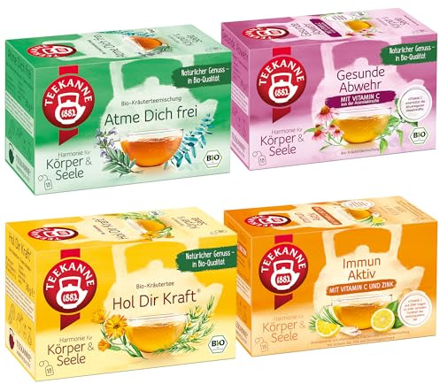 Teekanne Erkältung 4er Set – 72 Bio Teebeutel Immunsystem & Entspannung | Immun Aktiv, Hol dir Kraft, Atme dich frei & Gesunde Abwehr – Wohltuender Winterte, Kräutertee mit Vitamin C & Zink