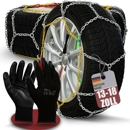 2 x Schneeketten Auto 13-18 Zoll - Inkl. Handschuhe und Aufbewahrungsbox | Super Grip & Einfache Montage - Gehärteter Stahl - EU-weit zugelassen [EN 16662-1 & ÖNORM V 5117]