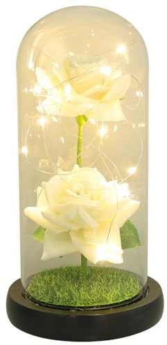 BESPORTBLE Lampe LED Rose Éternelle sous Cloche en Verre Transparent 2 Têtes Lumière Chaude pour Décoration Romantique Saint-Valentin et Mariage