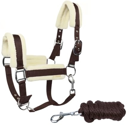 JA Horse JA4006 Premium verstellbar Halfter Set Karabiner, Braun, Full | 3-Fach Verstellung inkl. Führstrick, Weich gepolstertes Stallhalfter, Verstellbarer Kinnriemen und Karabinerhaken