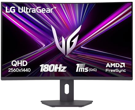 LG UltraGear 32G60ZA Monitor Gaming 32 Pollici, VA QHD (2560x1440), 180Hz, 1ms (GtG), 16:9 curvo, FreeSync, HDR 10, HDMI 2.0, DP, Stand regolabile, Nero