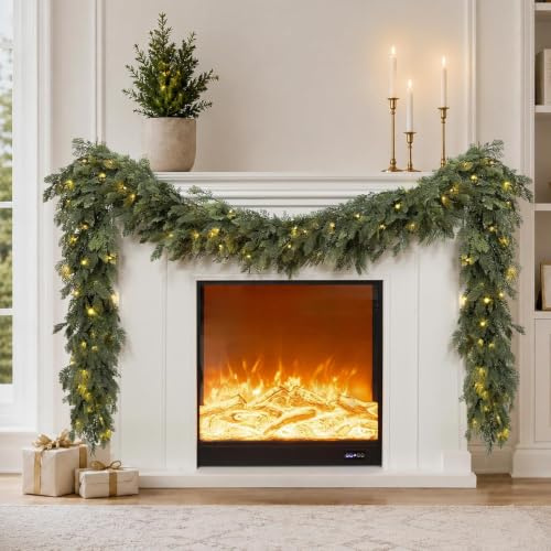 Pre-Lit Christmas Garland 9FT Decorations Real Touch Cedar Cypress Pine Greenery Artificial Green Christmas Garland with Lights for Mantle, Fireplace, Table, Stairs, Door, Indoor Outdoor Decorations