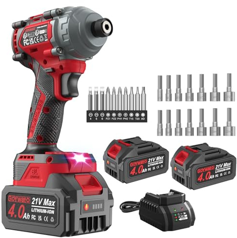 GoYwato 1/4 Destornillador de Impacto 21V sin Escobillas, 290 Nm & 2 Baterías 4000mAh & 10 Puntas & 14 Enchufes, Atornillador de Impacto para Apriete y Remoción Rápida de Tornillos, Rojo
