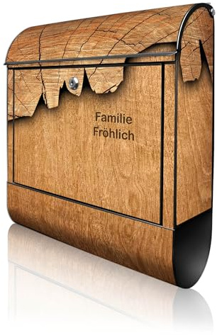 banjado Design Briefkasten personalisiert 38,5x46,5x13cm & 2 Schlüssel - Briefkasten Stahl Schwarz Zeitungsfach pulverbeschichtet - Postkasten A4 Einwurf inkl. Montagematerial - Motiv Holz