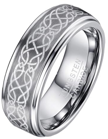 Vakki 8mm Keltischer Drache Wolfram Ring Herren Damen Silber/Blau + Gold Eheringe Verlobungs Ringe Paar Ringe Größe 49 bis 72