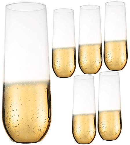 Kitchen Lux 10oz Highball Tumblers - Set of 6 Drinking Glasses - Clear Glass with Gold Rim - Wine, Shots, Cocktails, Champagne, All-Purpose Cups, Elegant Stemless Design, Dishwasher Safe (Gold Base)