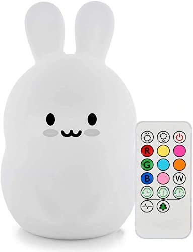 Tianhaixing Tierförmiges Nachtlicht, wiederaufladbares LED-Nachttischlicht aus weichem Silikon (ohne BPA), einstellbare Helligkeit und 9 Farben durch Touch-Steuerung und Fernbedienung (Großer Hase)