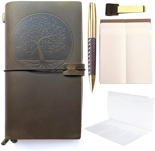 Sovereign-Gear Refillable Leather Journal, Tree of Life Embossed Travellers Notebook | 8.5 x 4.5 Leather Travel Journal with 5 Inserts | Travel Diary Planner for Women TN Standard Notebooks