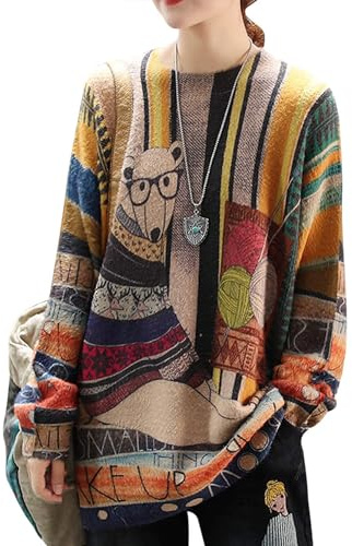 YESNO Women Long Sleeve Jumpers Oversized Graphic Knitted Sweater Crew Neck Loose Vintage Pullover Sweater Tops 2XL S01UK CR31