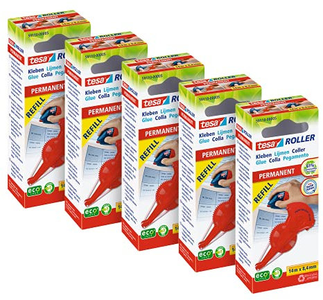 tesa Adhesive Roller Permanent Refill Cartridge - Extra Strong - Refill for the tesa Adhesive Roller - 5x 14 m x 8.4 mm each