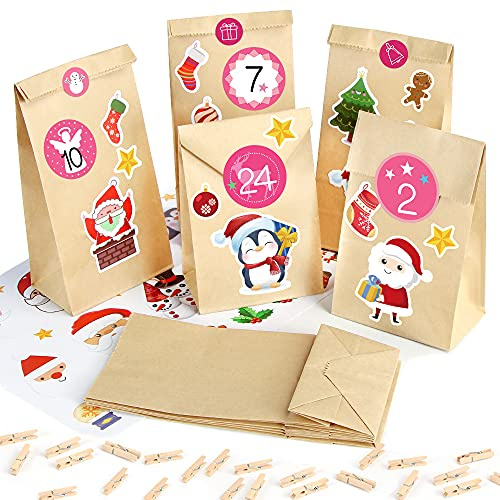 Adventskalender zum Befüllen Papiertüten, 25 Weihnachtskalender Kraftpapiertüten mit Zahlen Aufkleber, DIY Adventskalender Tüten Weihnachten, Adventskalender Selber Basteln