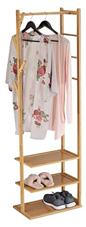 Relaxdays Klädställ bambu & MDF, klädställ, HBT 164 x 49 x 28 cm, 3 hyllor, 4 krokar, klädstång, natur