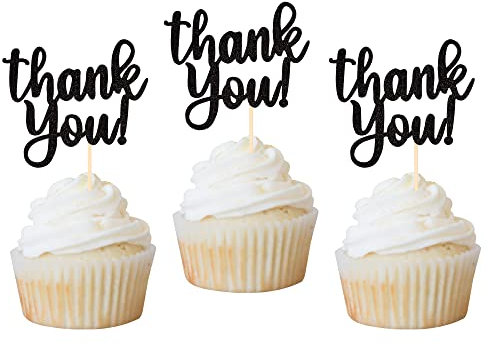Rsstarxi 24 Pack Thank You Cupcake Toppers Gold Glitter Thank You Cupcake Picks for Thanksgiving Day Wedding Anniversary Baby Shower Kids Birthday Party Cake Decoration Supplies
