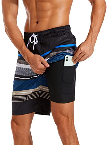 difficort Mens Swim Trunks Bathing Suit,Black & Blue & White Stripe,Large