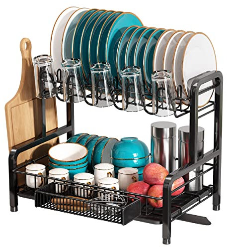 romision Dish Drainer Rack, Stainless Steel Dish Drainer for Kitchen Counter, Black Dish Rack with Drip Tray, Multifunctional Draining Board Rack with Swivel Spout for Kitchen Counter