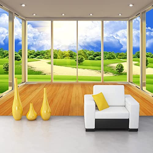 Papier Peint Panoramique Balcon Porte-Fenêtre Pelouse Verte 3D Poster Mural pour Salon Chambre Décoration Murale