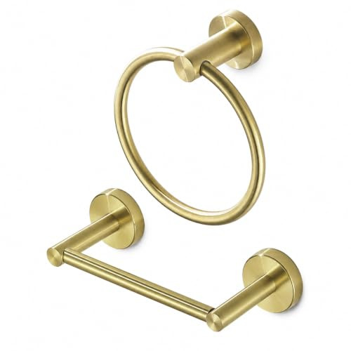 FAIRGIA Gold Toilet Paper Holder Towel Ring, Brushed Gold Bathroom Accessories Hand Towel Holder Wall Mount Bath Hardware Set Tissue Roll Holder with Double Post SUS304 Stainless Steel 2pc