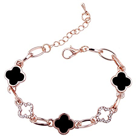 QKEPCY Vierblättriges Kleeblatt Armband für Damen fünf Blumen Verstellbar Armkettchen inimalistischer Damenschmuck bringt Glück und Hoffnung Geschenke für Frauen und Mädchen (Schwarz)