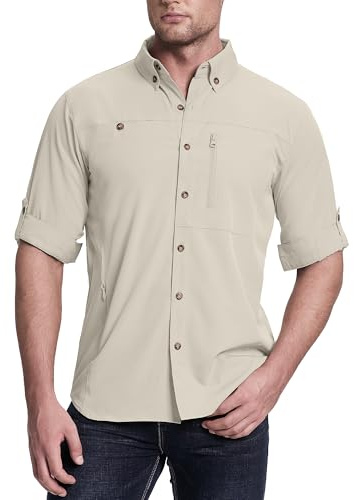 33,000ft Camisa de Safari para Hombre de Manga Larga, Camisa Deportiva UPF50+ Protección UV, Camisa Funcional, Transpirable, Camisa de Botón con Bolsillos para Senderismo, Pesca, Viajes, caqui, M