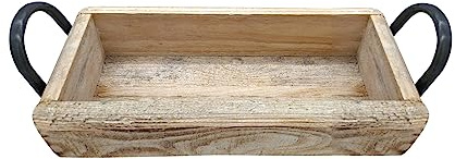 Spetebo Holzschale Ziegelform mit 2 Metall Griffen - 35 x 14 cm - Vintage Deko Schale aus Kiefern Holz - Holz Tisch Deko Obst Schale Aufbewahrungs Box Backstein Form