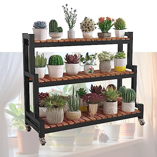 LIGUOYI Étagère À Plantes Métal Étagère À Fleurs, Banc À Fleurs À Échelle 2 Niveaux 3 Niveaux Etagère Plantes avec roulettes, Gain D'espace Porte Plantes pour Intérieur Ou Extérieur Jardin Balcon